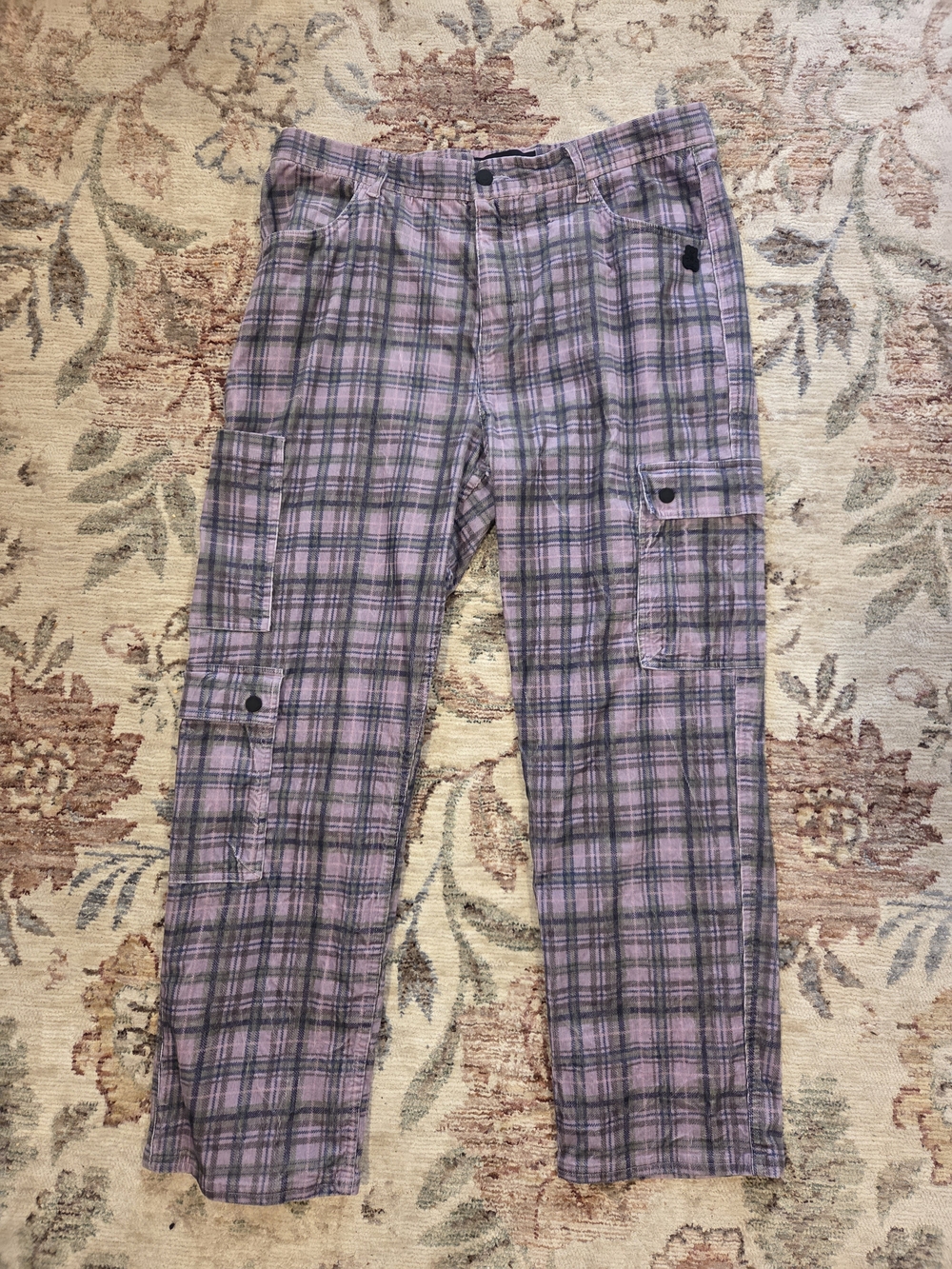 Teddy Fresh Men's Purple Plaid Corduroy Cargo Pants